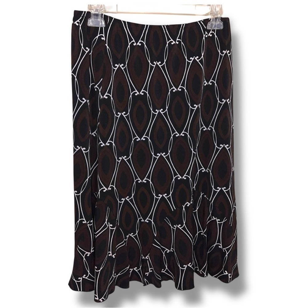 Y2K Era Vintage Large Brown Geometric Print Skirt Stretch Knee Length